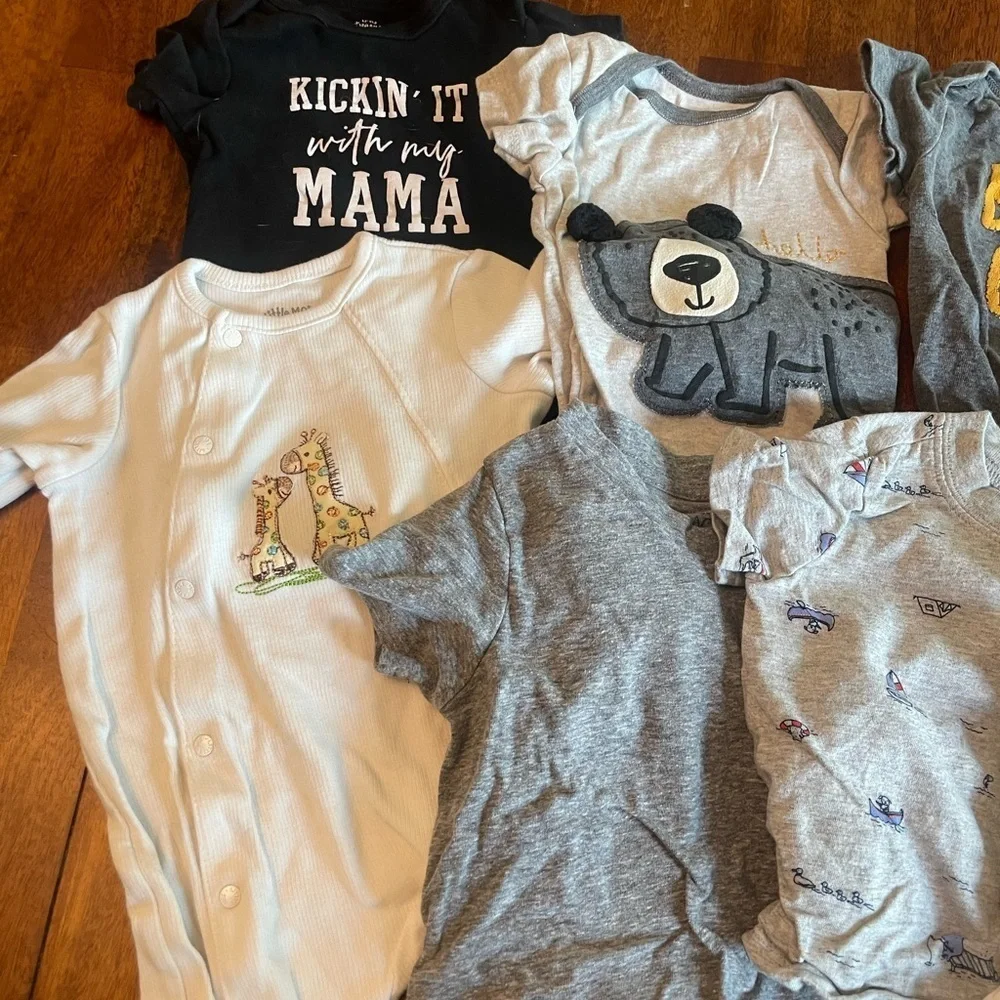 Bundle of 8 assorted brands carters little me Gray and Cream Baby One piece